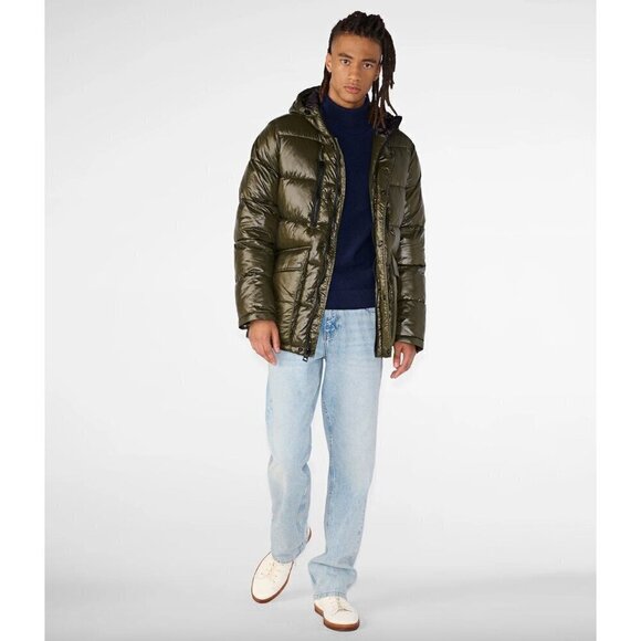 GUESS Hooded Solid Puffer Jacket Army Green Mens Size Large - Picture 3 of 10